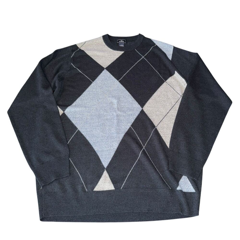 Dockers Mens Argyle Sweater LT Gray Blue Crewneck Acrylic Knit Pullover Career